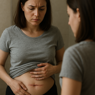 Frau lehnt ihren Körper ab mit Kaiserschnittnarbe 